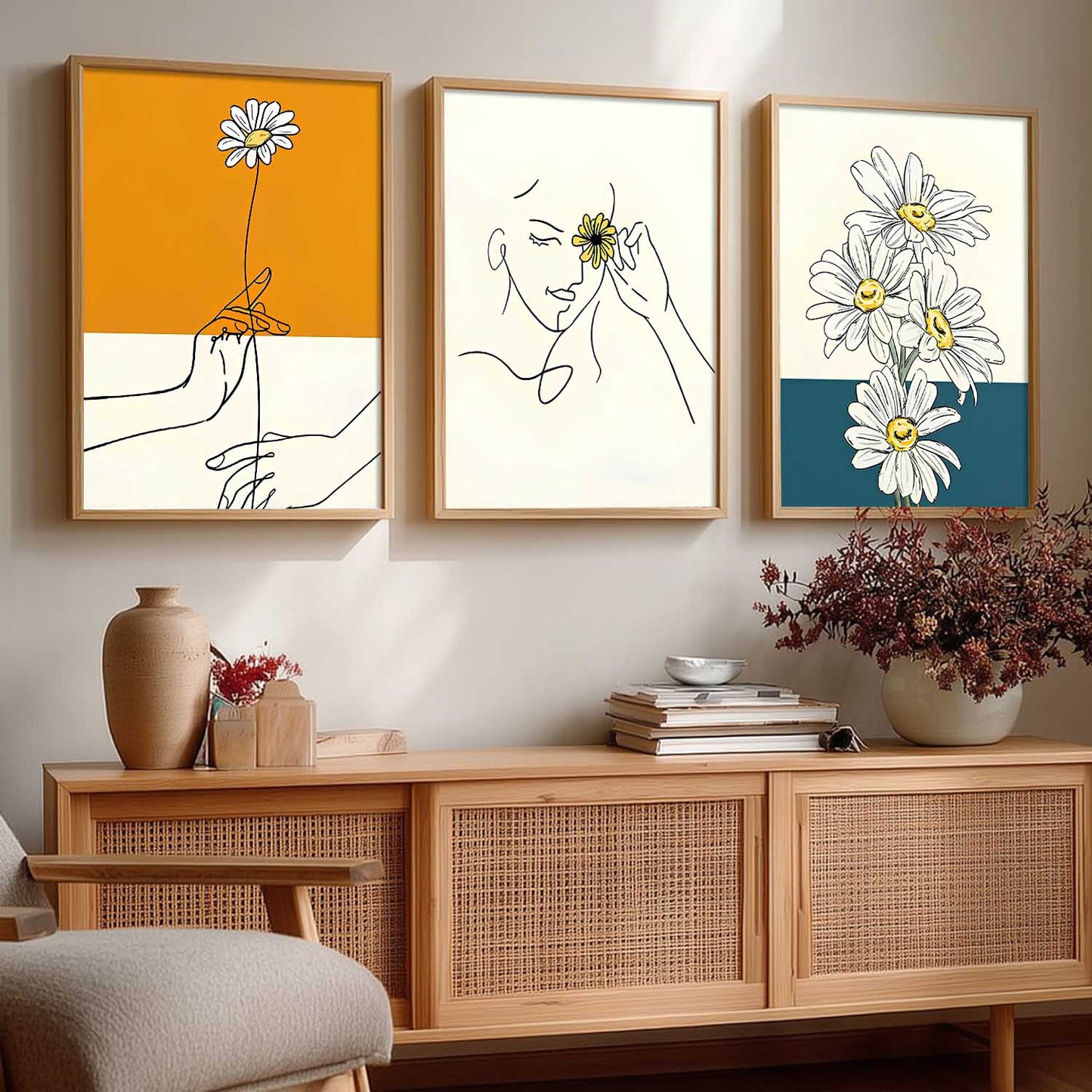 Aesthetic Line Art Home Decoration | Floral Paintings With Frame For Living Room Bed Room Hotel Wall Decor Digital Reprint