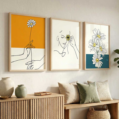 Daisy Line Art Wall Art Set of 3 Framed Prints