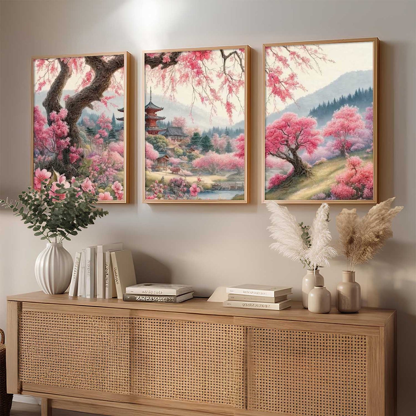 Big Aesthetic Cherry Blossom Tree Wall Framed Posters | Japanese City View Framed Poster for Living Room Bedroom Wall Decor