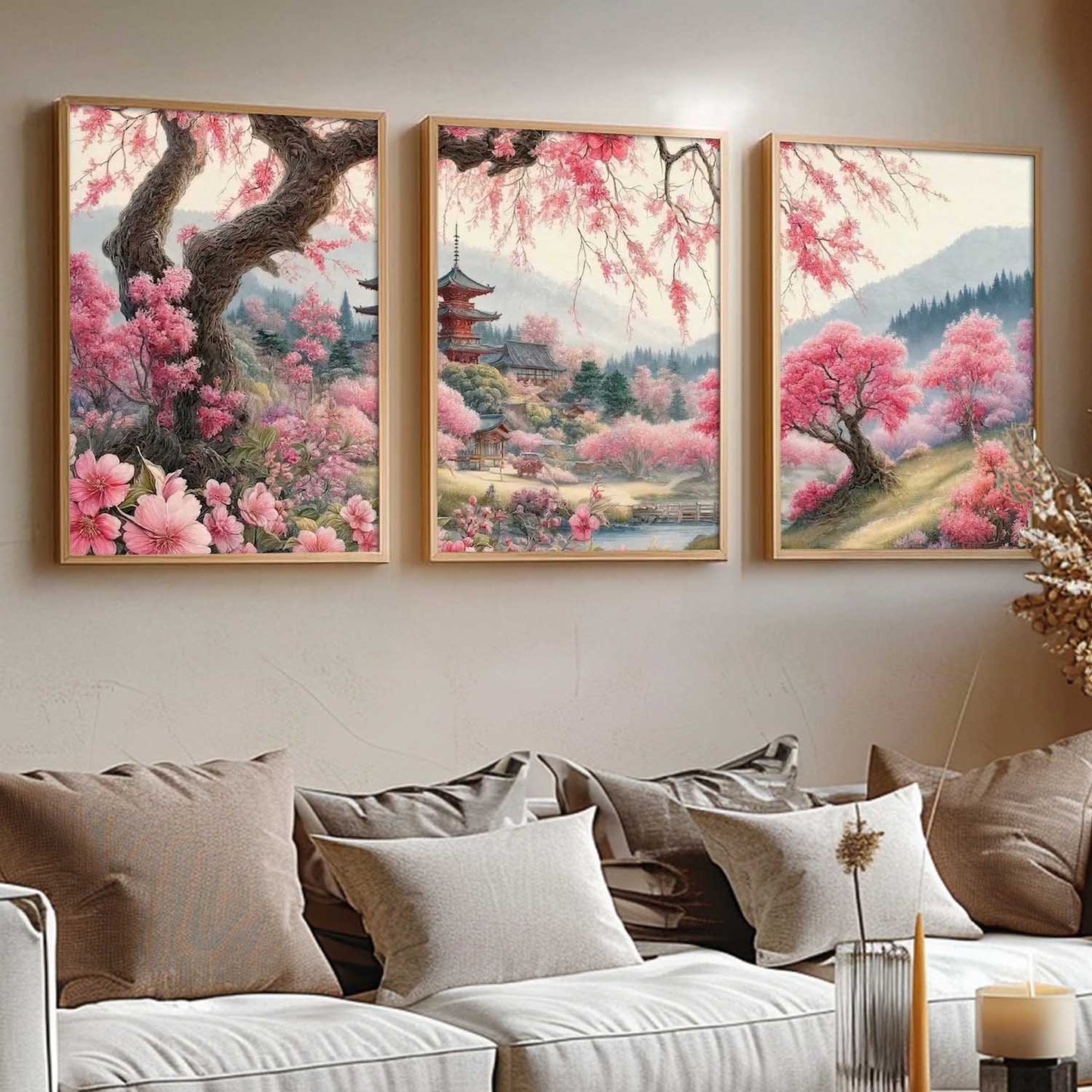 Big Aesthetic Cherry Blossom Tree Wall Framed Posters | Japanese City View Framed Poster for Living Room Bedroom Wall Decor