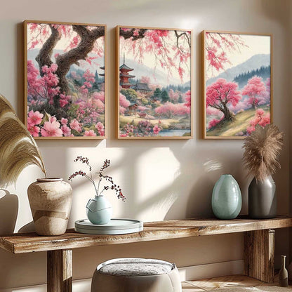Big Aesthetic Cherry Blossom Tree Wall Framed Posters | Japanese City View Framed Poster for Living Room Bedroom Wall Decor