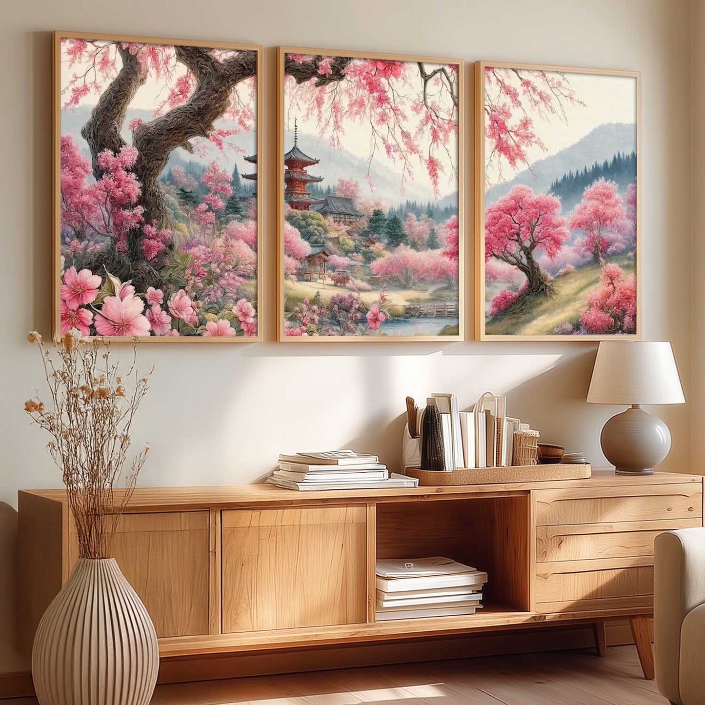 Big Aesthetic Cherry Blossom Tree Wall Framed Posters | Japanese City View Framed Poster for Living Room Bedroom Wall Decor