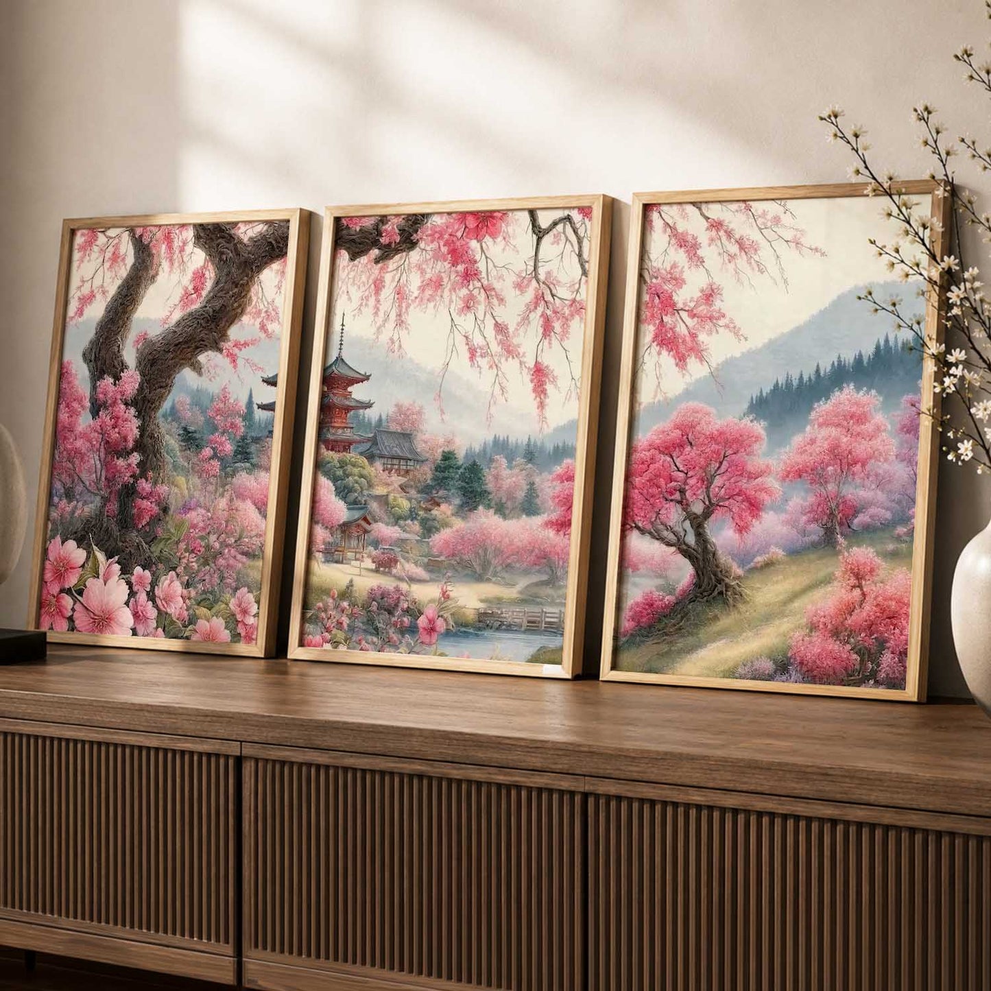 Japanese Cherry Blossom Framed Wall Art Prints | Set of 3 | Home Decor