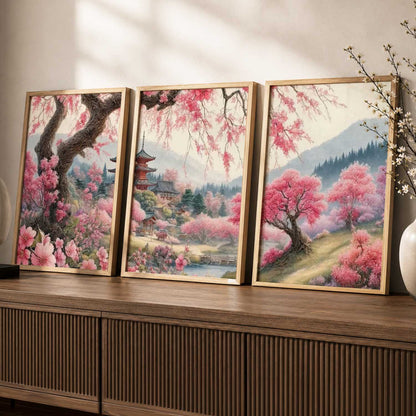 Japanese Cherry Blossom Framed Wall Art Prints | Set of 3 | Home Decor