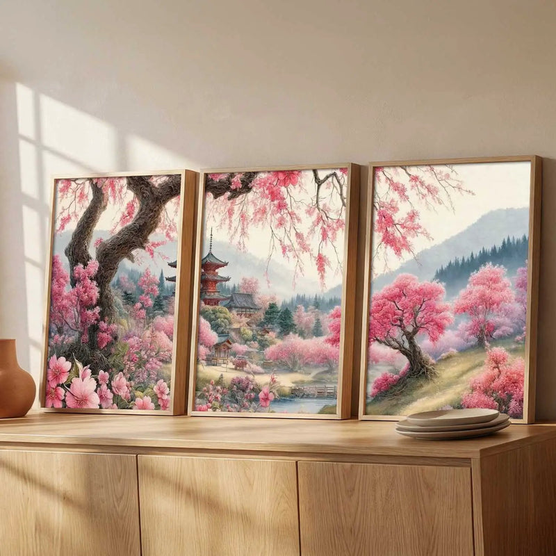 Japanese Cherry Blossom Framed Wall Art Prints | Set of 3 | Home Decor