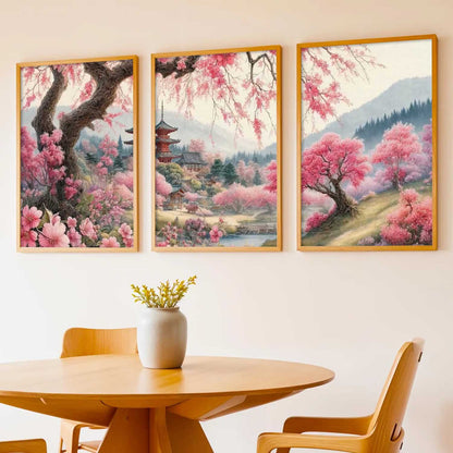Big Aesthetic Cherry Blossom Tree Wall Framed Posters | Japanese City View Framed Poster for Living Room Bedroom Wall Decor