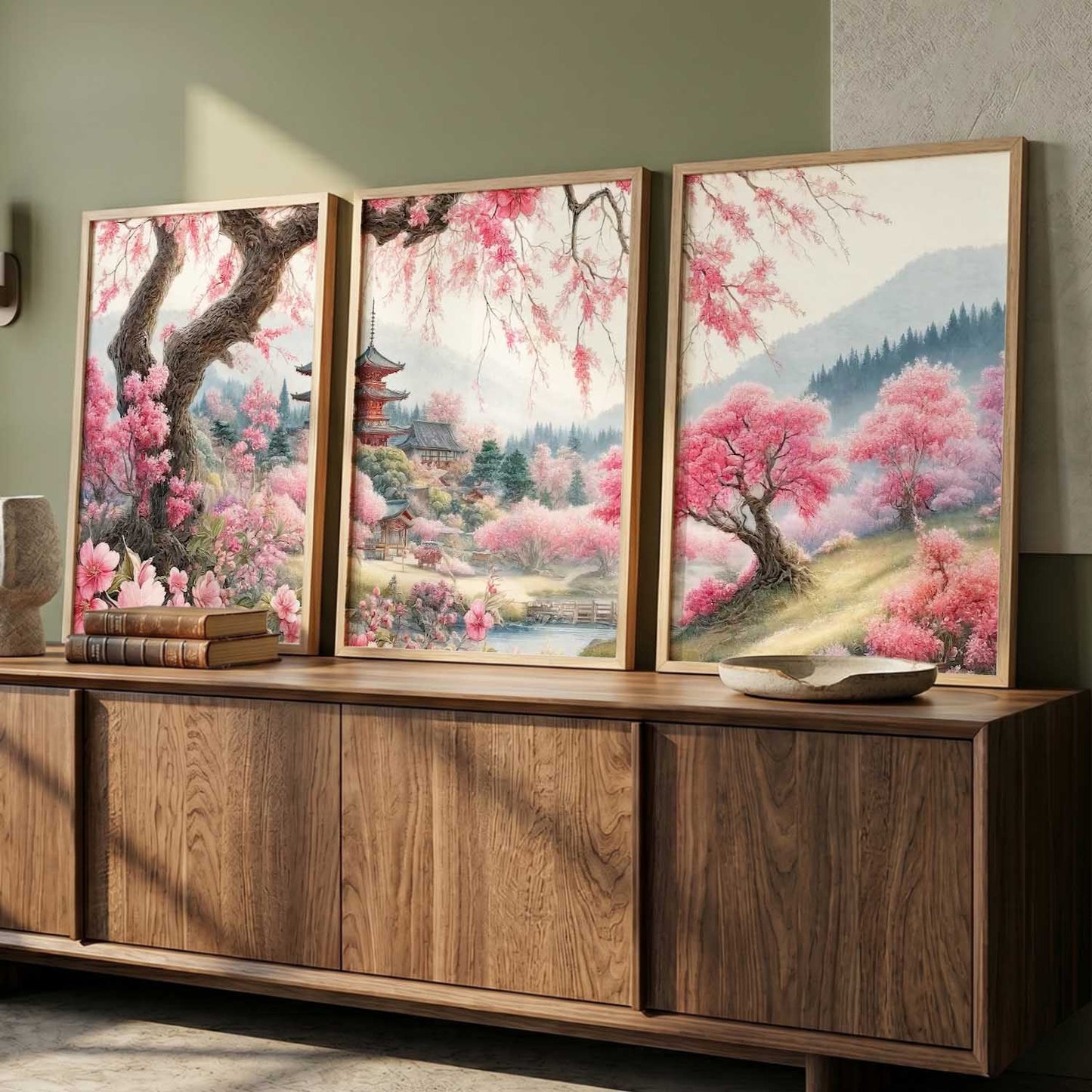 Japanese Cherry Blossom Framed Wall Art Prints | Set of 3 | Home Decor
