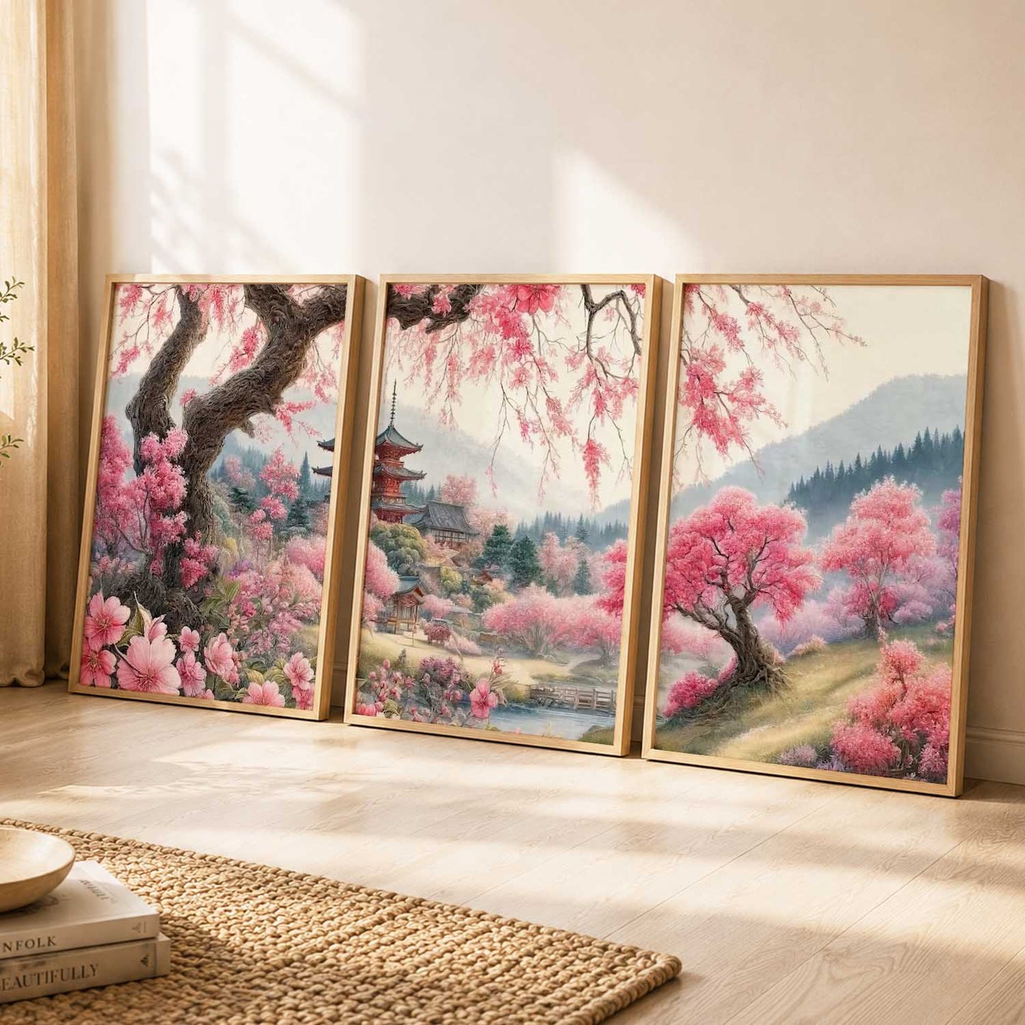 Japanese Cherry Blossom Framed Wall Art Prints | Set of 3 | Home Decor
