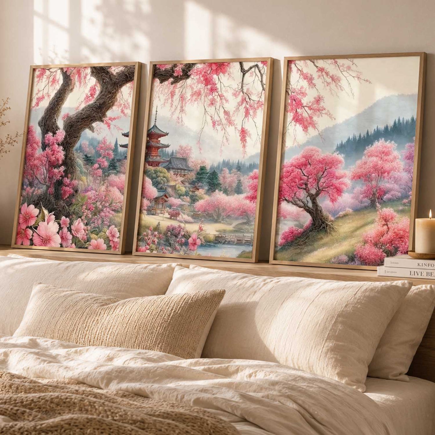 Japanese Cherry Blossom Framed Wall Art Prints | Set of 3 | Home Decor
