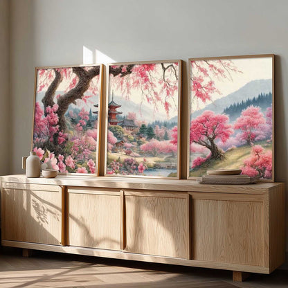 Big Aesthetic Cherry Blossom Tree Wall Framed Posters | Japanese City View Framed Poster for Living Room Bedroom Wall Decor