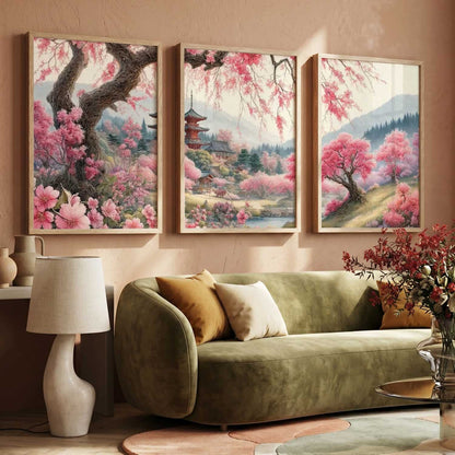 Japanese Cherry Blossom Framed Wall Art Prints | Set of 3 | Home Decor