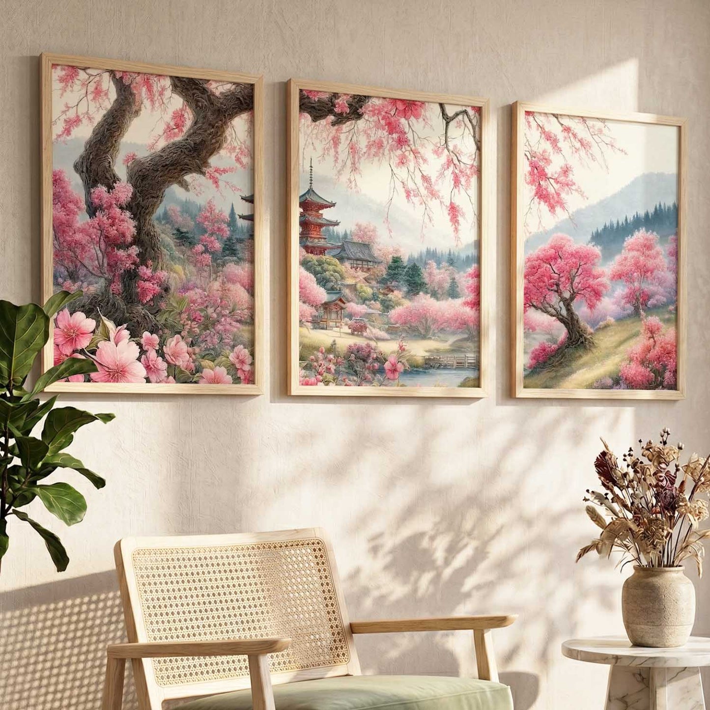 Japanese Cherry Blossom Framed Wall Art Prints | Set of 3 | Home Decor