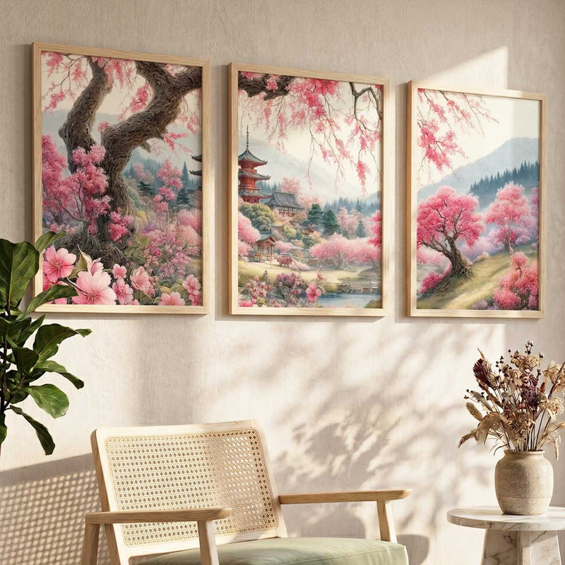 Japanese Cherry Blossom Framed Wall Art Prints | Set of 3 | Home Decor