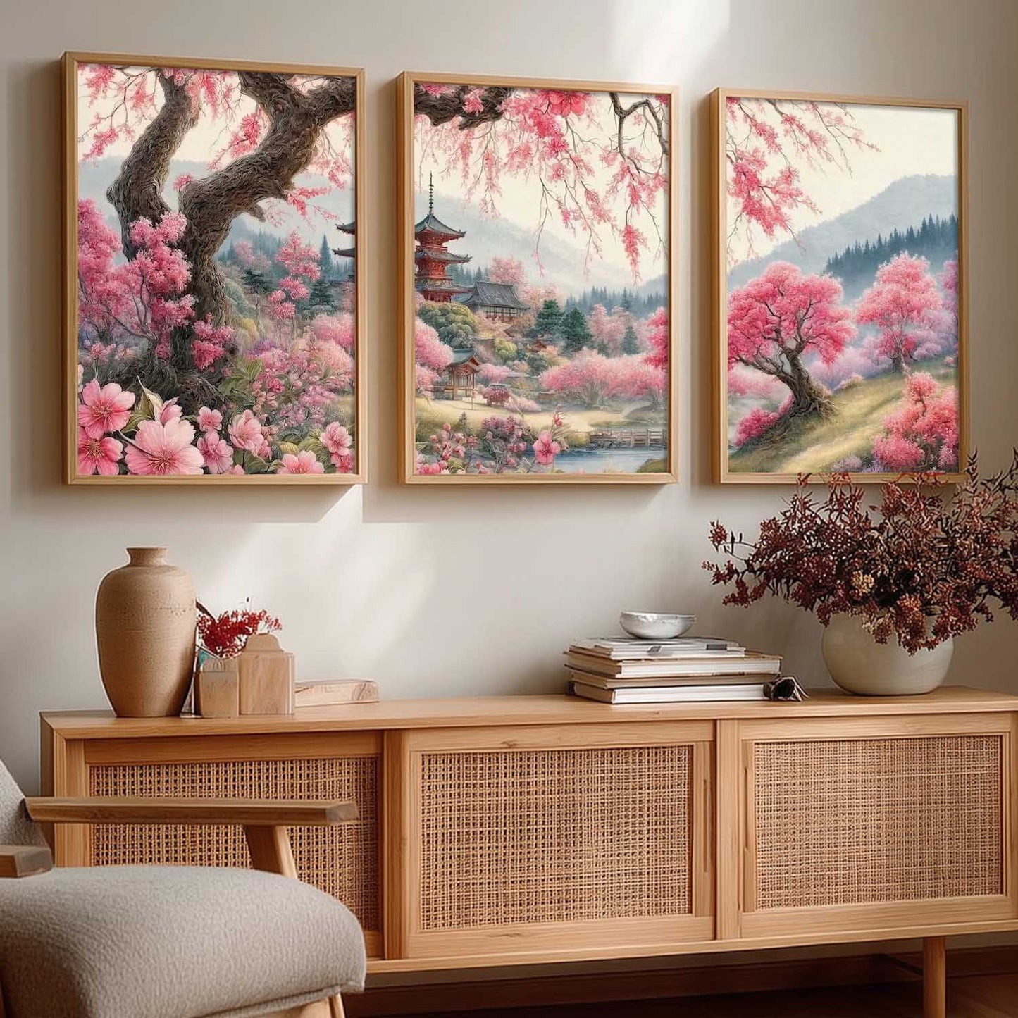 Big Aesthetic Cherry Blossom Tree Wall Framed Posters | Japanese City View Framed Poster for Living Room Bedroom Wall Decor