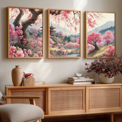 Big Aesthetic Cherry Blossom Tree Wall Framed Posters | Japanese City View Framed Poster for Living Room Bedroom Wall Decor