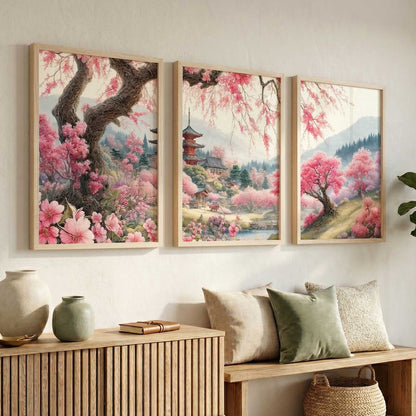Japanese Cherry Blossom Framed Wall Art Prints | Set of 3 | Home Decor