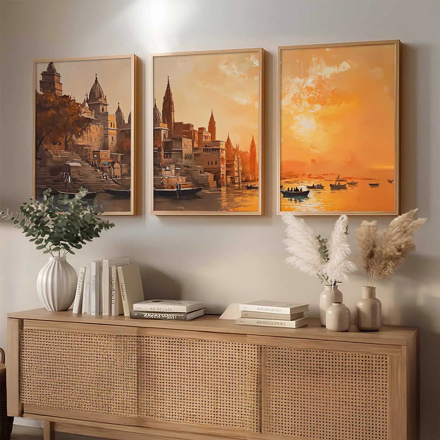 Banaras Ghat Framed Wall Art Prints | Set of 3 | Home Decor