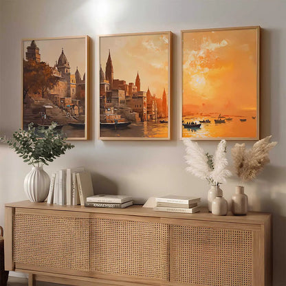 Banaras Ghat Framed Wall Art Prints | Set of 3 | Home Decor