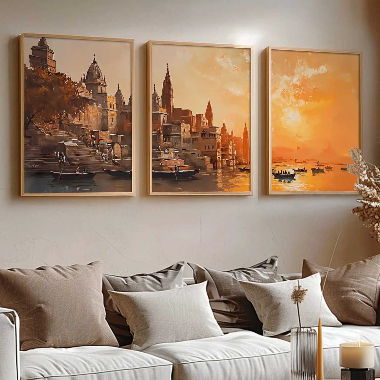 Banaras Ghat Framed Wall Art Prints | Set of 3 | Home Decor