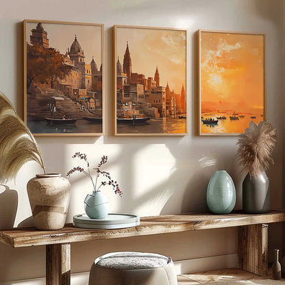Banaras Ghat Framed Wall Art Prints | Set of 3 | Home Decor