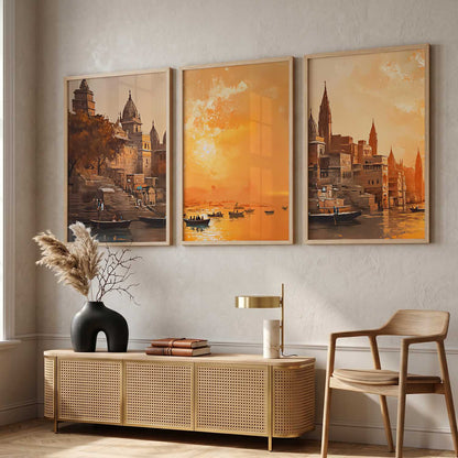 Banaras Ghat Framed Wall Art Prints | Set of 3 | Home Decor
