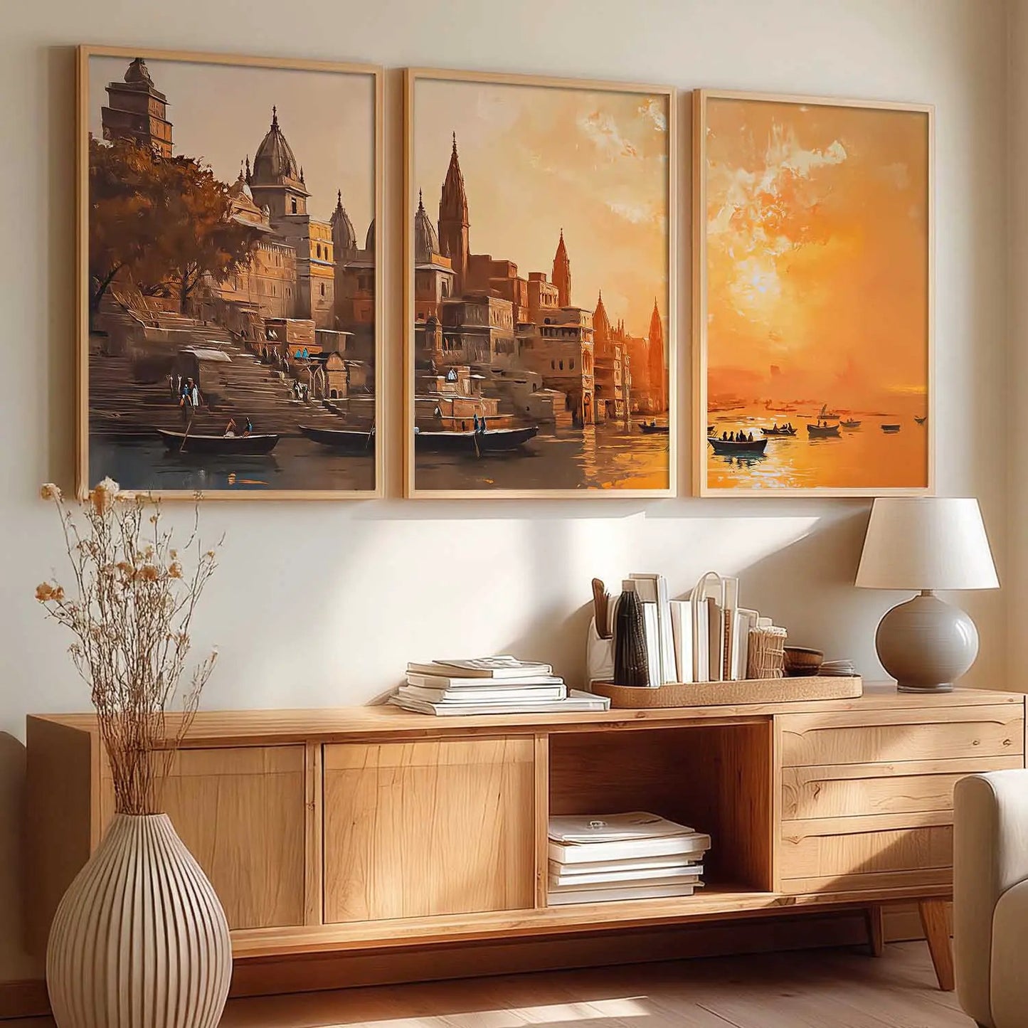 Banaras Ghat Framed Wall Art Prints | Set of 3 | Home Decor