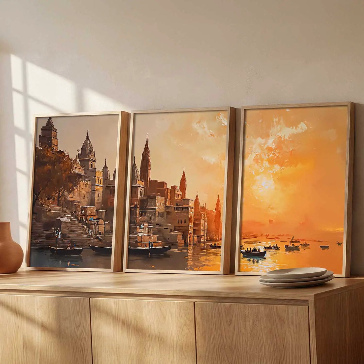 Banaras Ghat Framed Wall Art Prints | Set of 3 | Home Decor