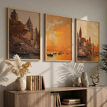 Banaras Ghat Framed Wall Art Prints | Set of 3 | Home Decor