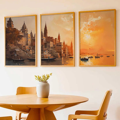 Banaras Ghat Framed Wall Art Prints | Set of 3 | Home Decor