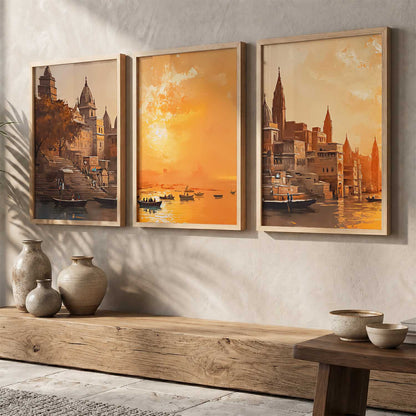 Banaras Ghat Framed Wall Art Prints | Set of 3 | Home Decor