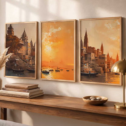 Banaras Ghat Framed Wall Art Prints | Set of 3 | Home Decor