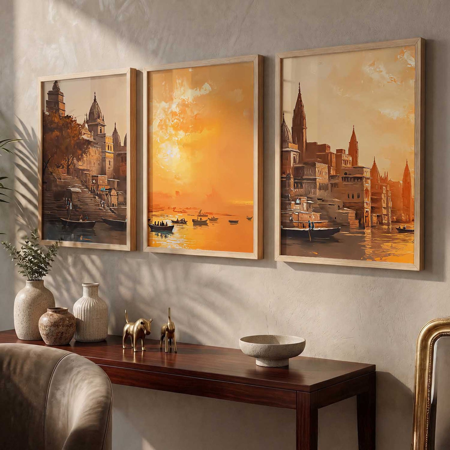 Banaras Ghat Framed Wall Art Prints | Set of 3 | Home Decor