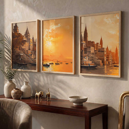 Banaras Ghat Framed Wall Art Prints | Set of 3 | Home Decor