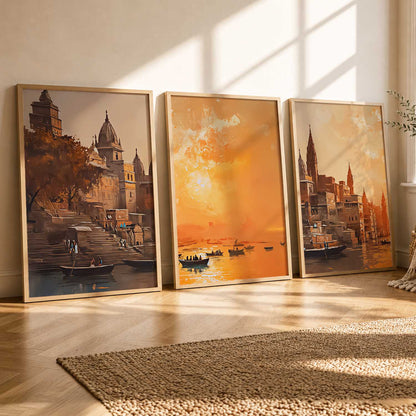Banaras Ghat Framed Wall Art Prints | Set of 3 | Home Decor