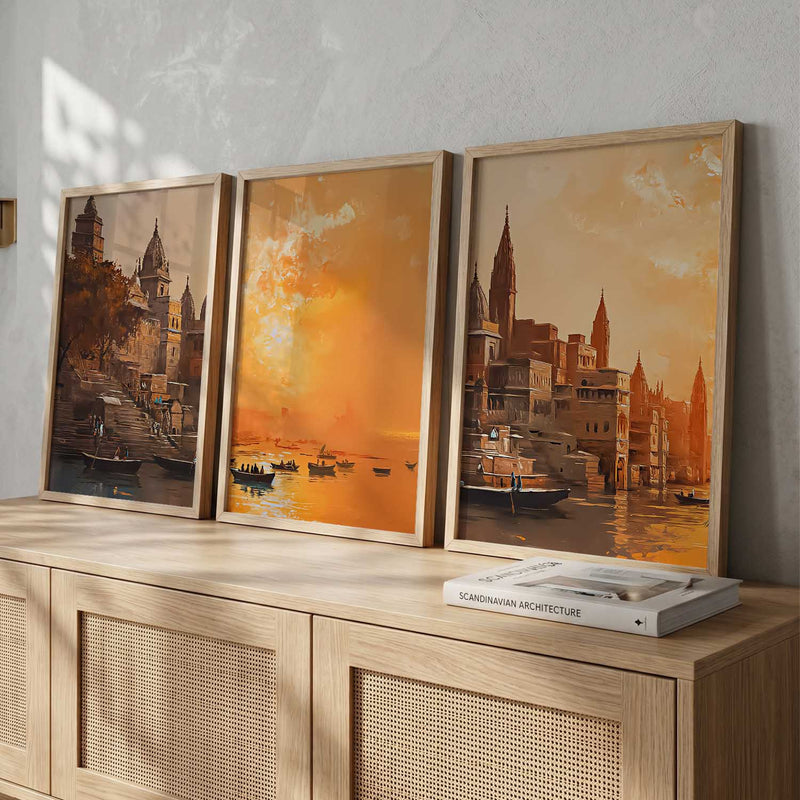 Banaras Ghat Framed Wall Art Prints | Set of 3 | Home Decor