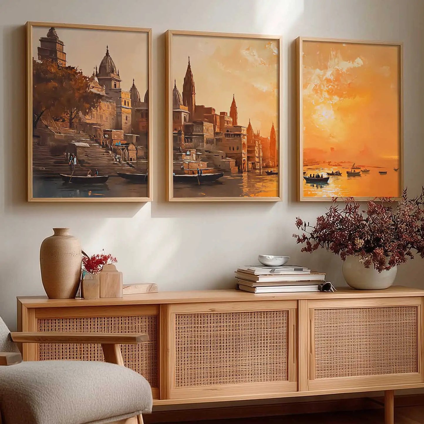 Banaras Ghat Framed Wall Art Prints | Set of 3 | Home Decor