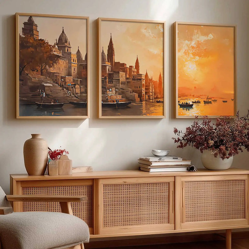 Banaras Ghat Framed Wall Art Prints | Set of 3 | Home Decor