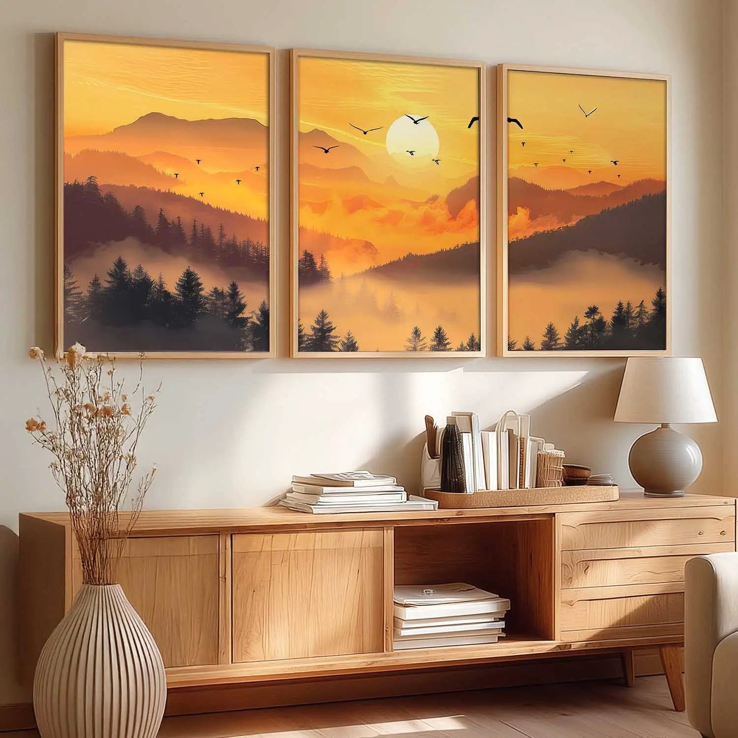Big Aesthetic Sunset View Wall Art Paintings | Mountains Landscape Framed Painting | Vastu Frames for Living Room Bedroom Wall Decor