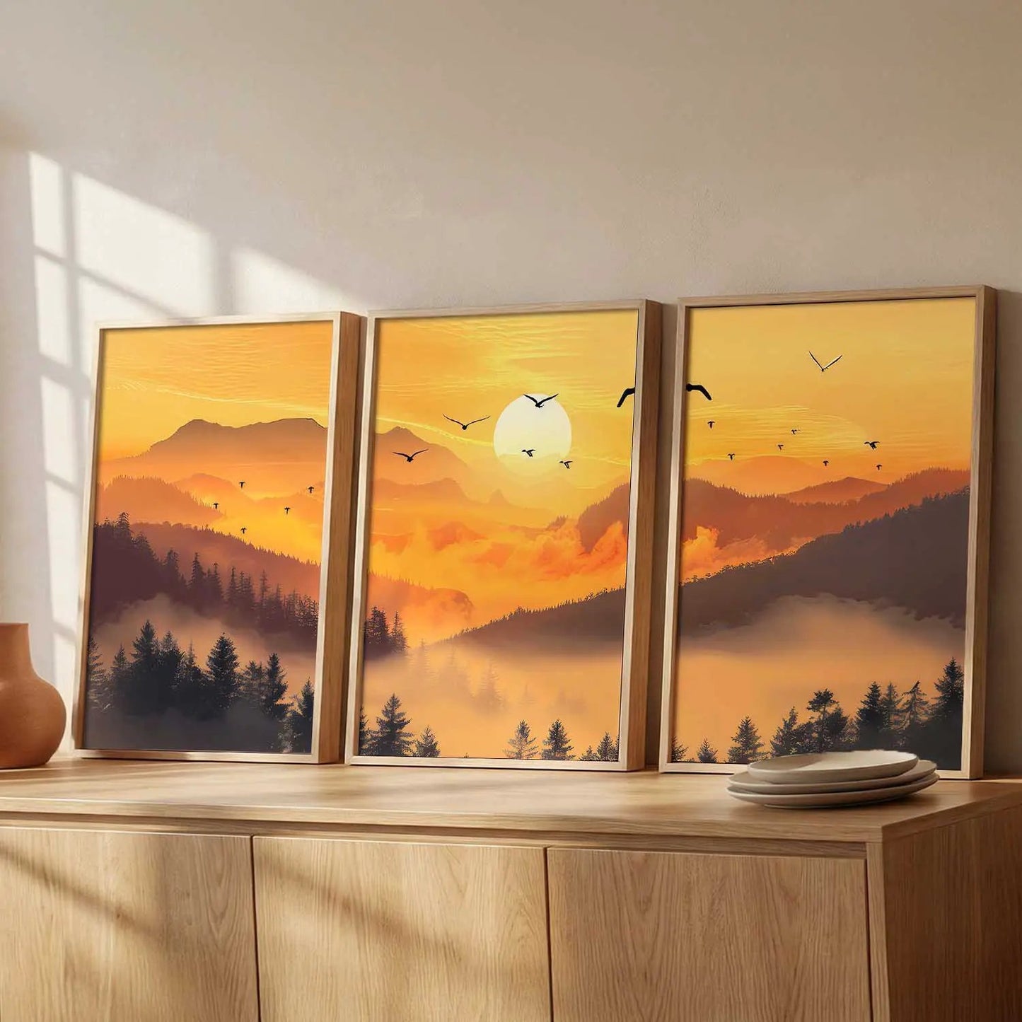 Big Aesthetic Sunset View Wall Art Paintings | Mountains Landscape Framed Painting | Vastu Frames for Living Room Bedroom Wall Decor