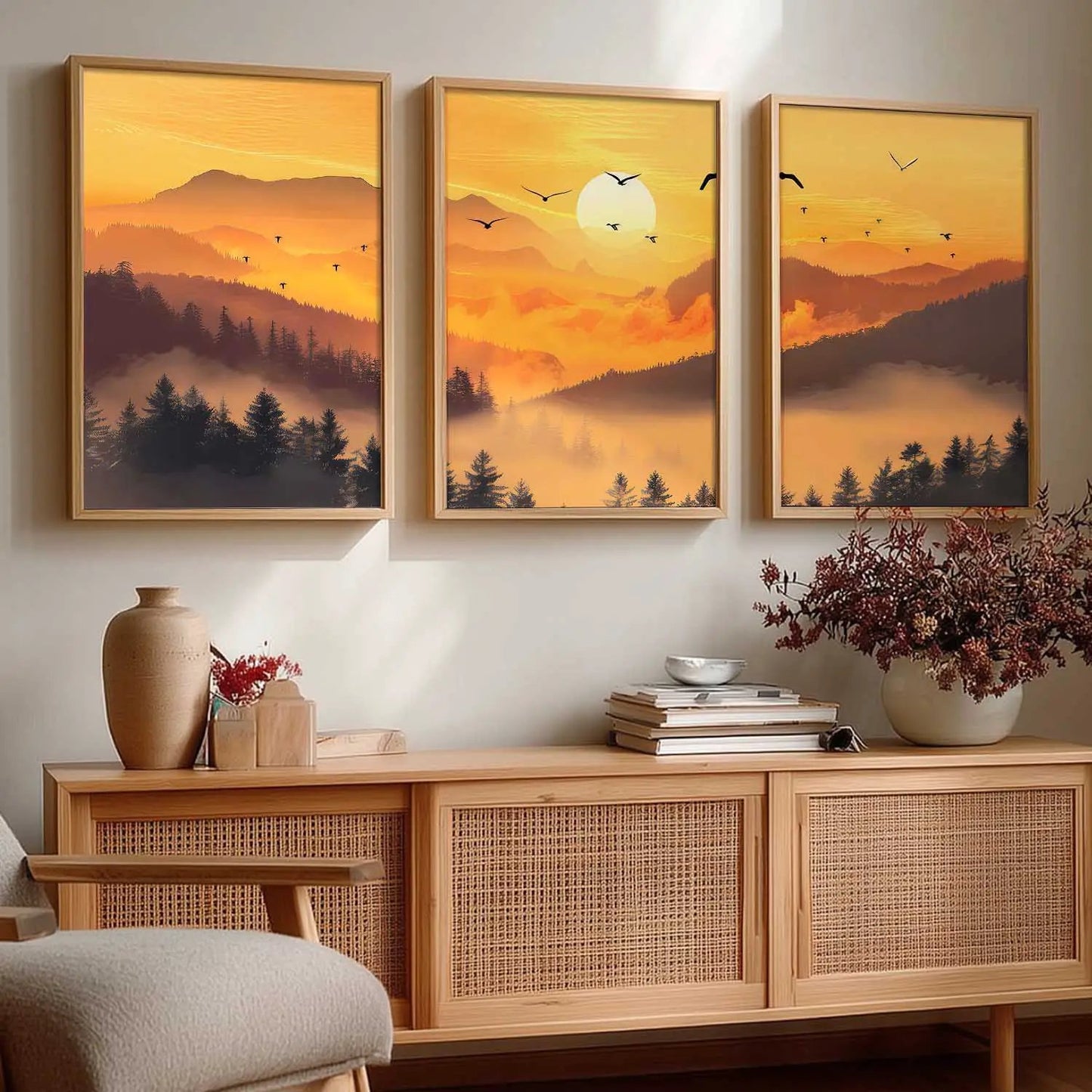 Big Aesthetic Sunset View Wall Art Paintings | Mountains Landscape Framed Painting | Vastu Frames for Living Room Bedroom Wall Decor