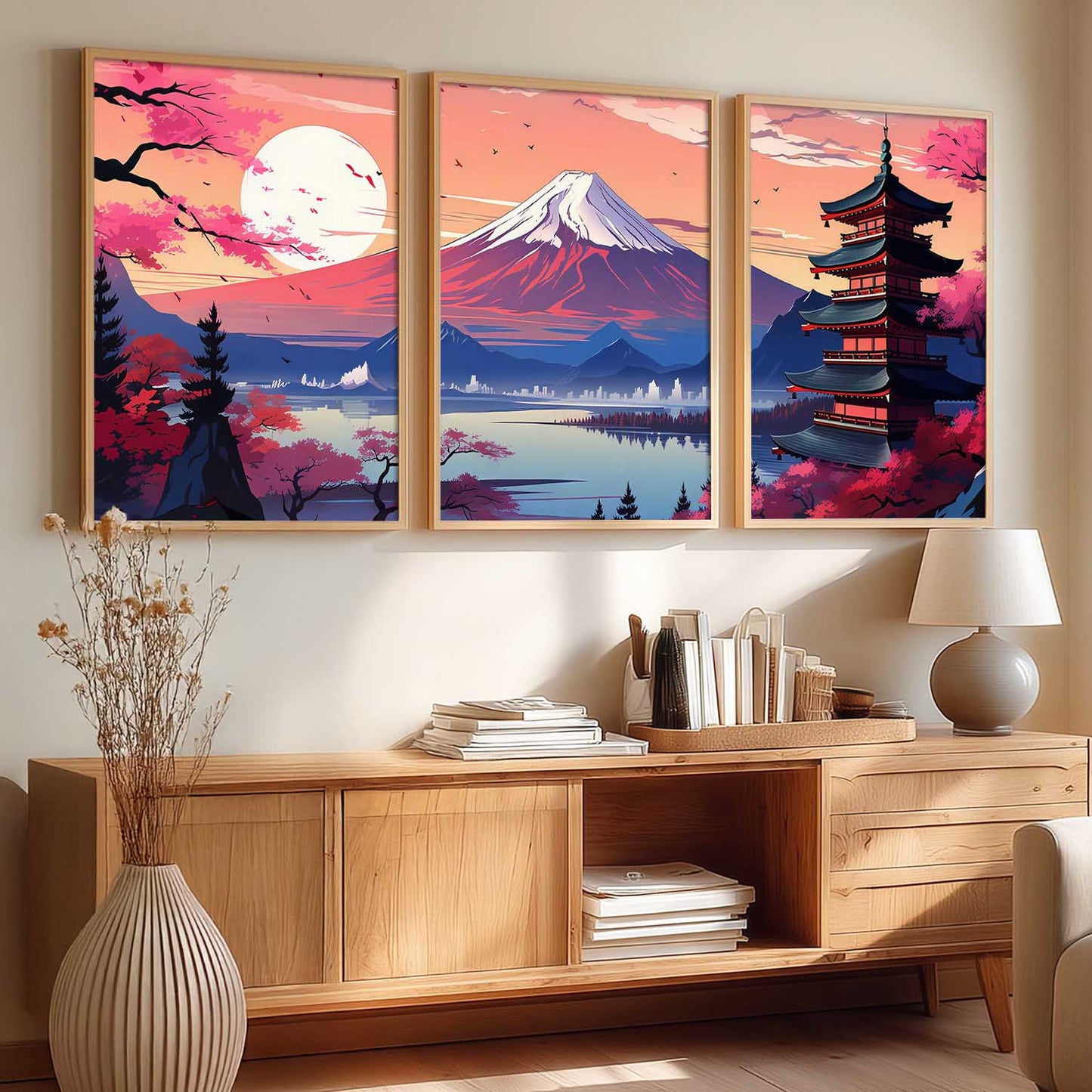 Big Aesthetic Mount Fuji Wall Art Paintings | Mountain Landscape Framed Painting | Nature Art Vastu Frames for Living Room Bedroom Wall Decor