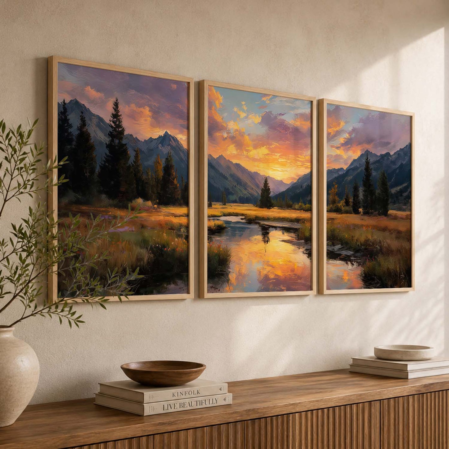 Big Aesthetic Sunset View Wall Art Paintings | Flowers Landscape Framed Painting | Vastu Frames for Living Room Bedroom Wall Decor
