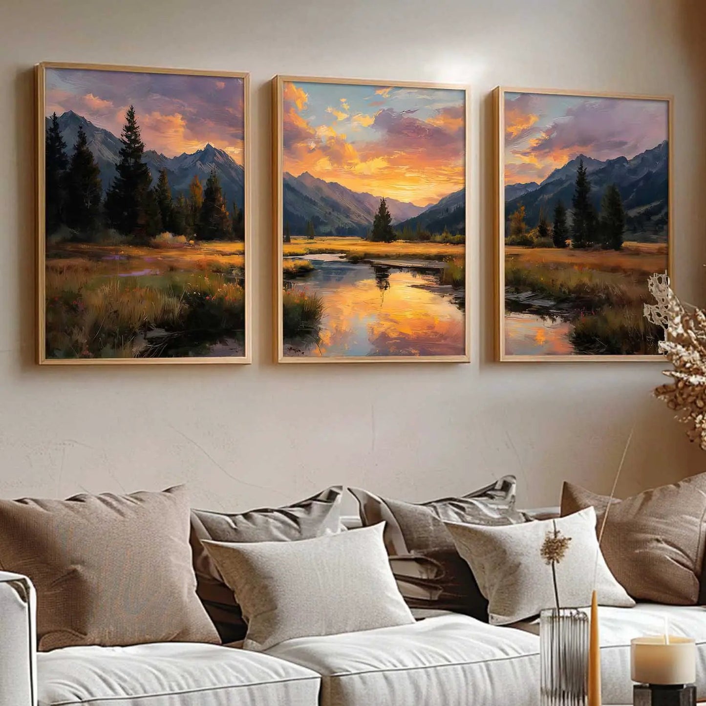 Big Aesthetic Sunset View Wall Art Paintings | Flowers Landscape Framed Painting | Vastu Frames for Living Room Bedroom Wall Decor