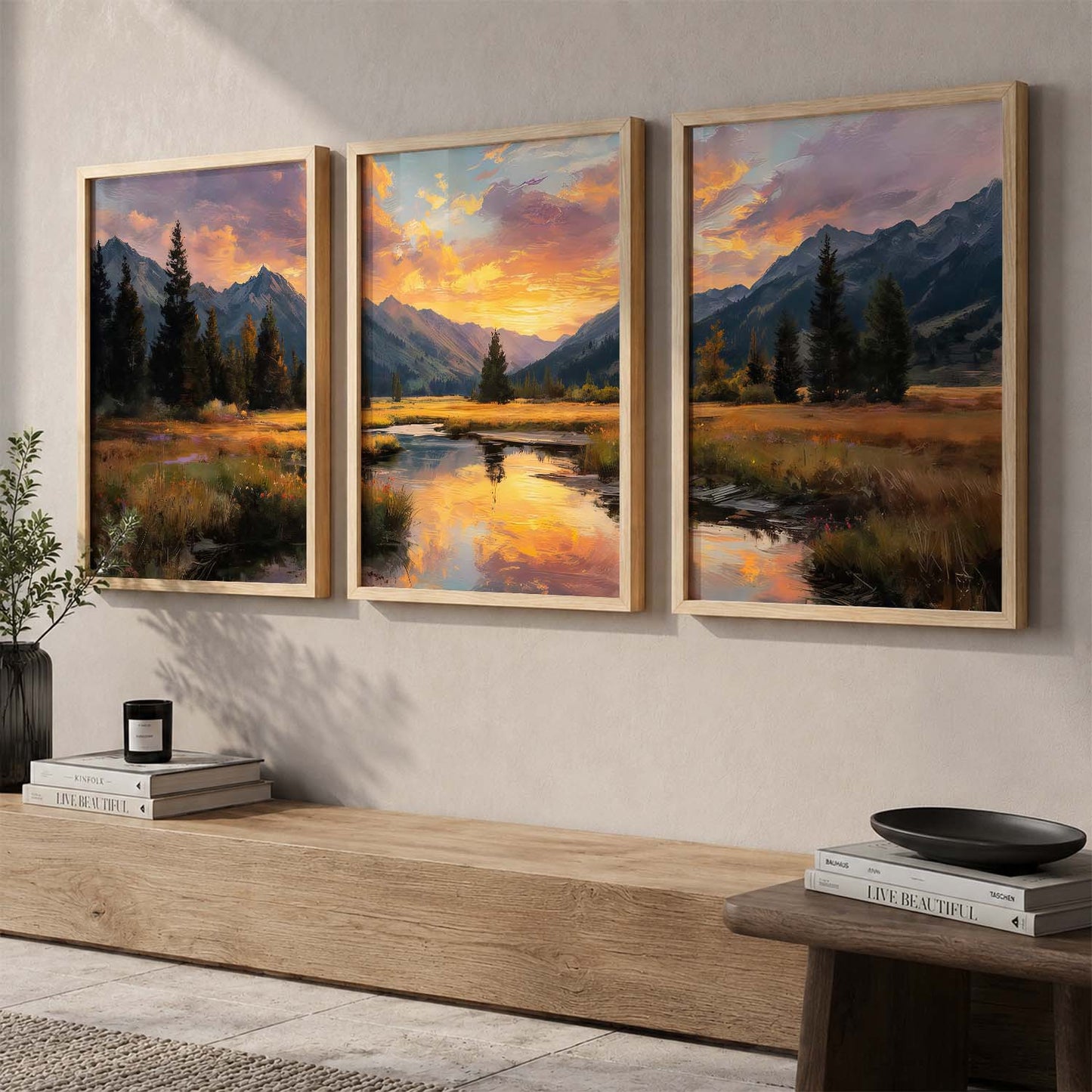 Big Aesthetic Sunset View Wall Art Paintings | Flowers Landscape Framed Painting | Vastu Frames for Living Room Bedroom Wall Decor