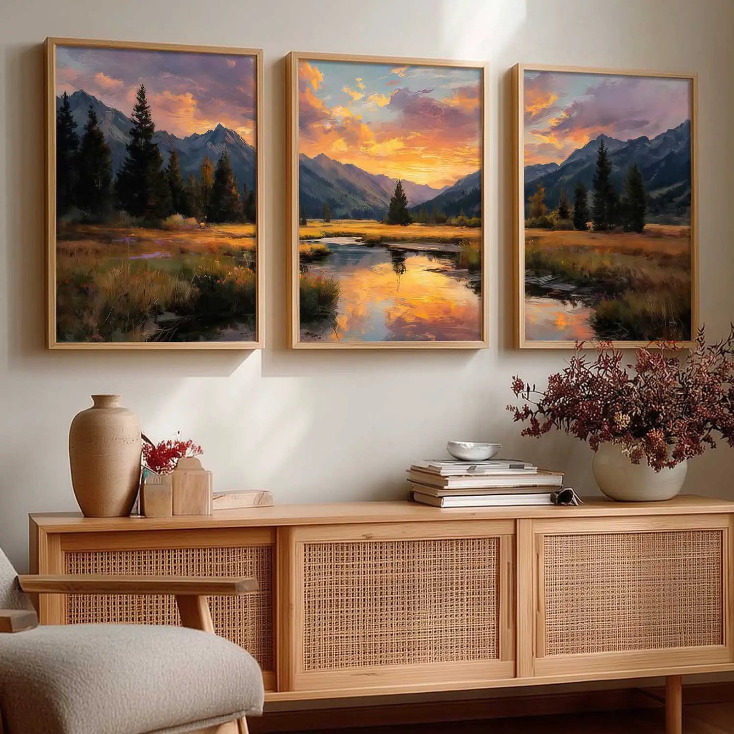 Big Aesthetic Sunset View Wall Art Paintings | Flowers Landscape Framed Painting | Vastu Frames for Living Room Bedroom Wall Decor