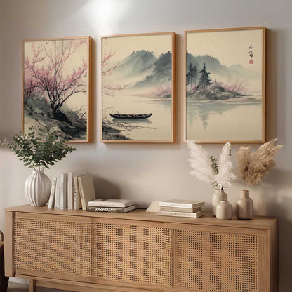 Big Aesthetic Nature Art Wall Framed Posters | Japanese Nature View Framed Painting for Living Room Bedroom Wall Decor