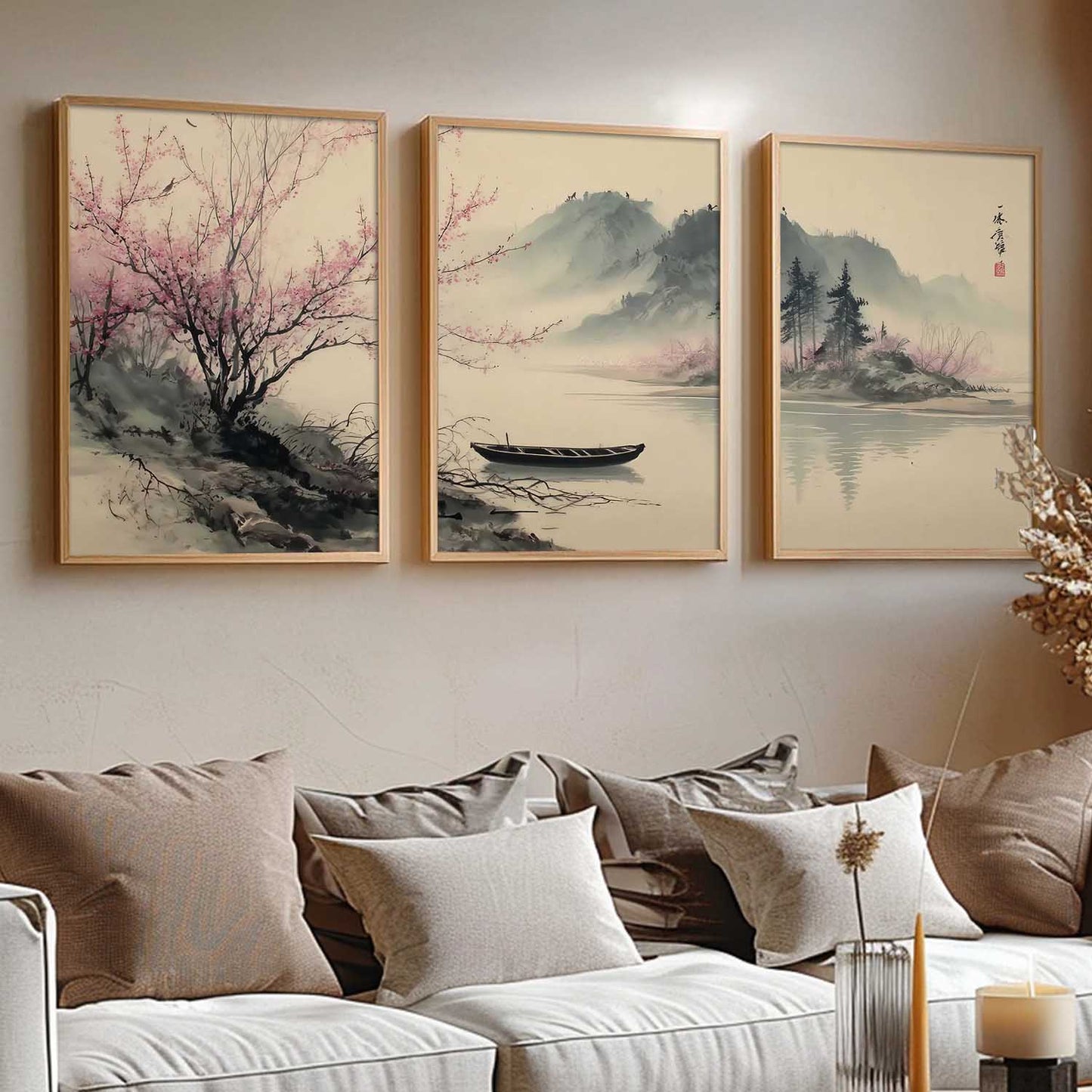 Big Aesthetic Nature Art Wall Framed Posters | Japanese Nature View Framed Painting for Living Room Bedroom Wall Decor