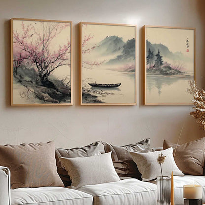 Big Aesthetic Nature Art Wall Framed Posters | Japanese Nature View Framed Painting for Living Room Bedroom Wall Decor