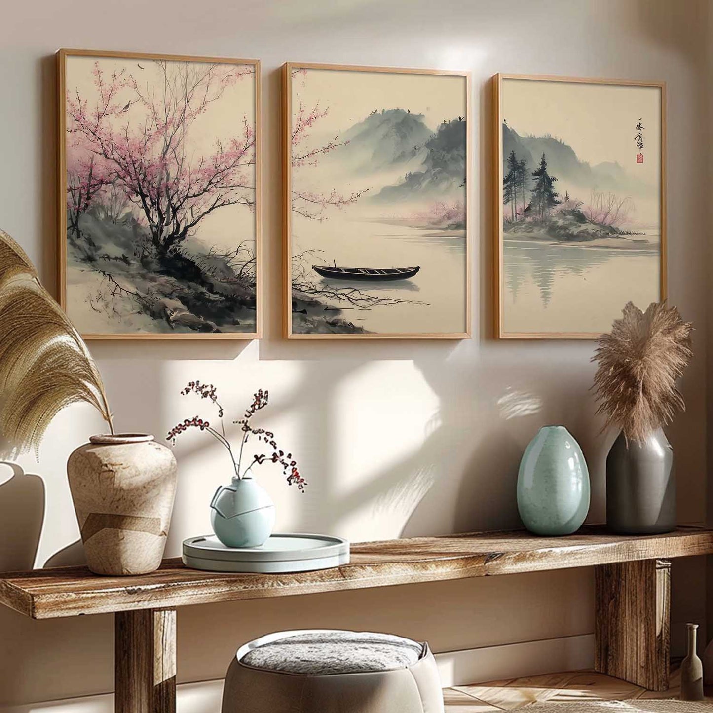 Big Aesthetic Nature Art Wall Framed Posters | Japanese Nature View Framed Painting for Living Room Bedroom Wall Decor