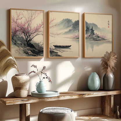 Big Aesthetic Nature Art Wall Framed Posters | Japanese Nature View Framed Painting for Living Room Bedroom Wall Decor
